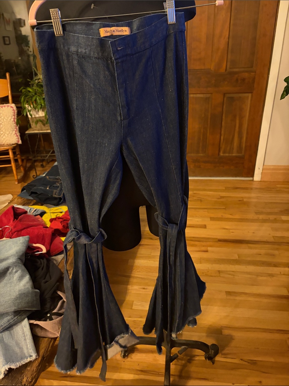 Maggie Marilyn Dark Blue Flare Jeans with Knotted Fringe Hem